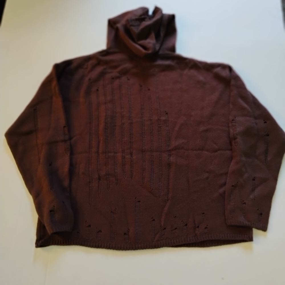 XL Brown Knit Hoodie | Distressed Eyelet Detail | Oversized Cozy Fall Sweater